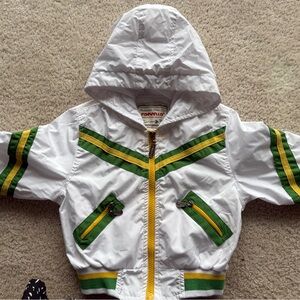 White Hooded Jacket with Green and Yellow Stripes